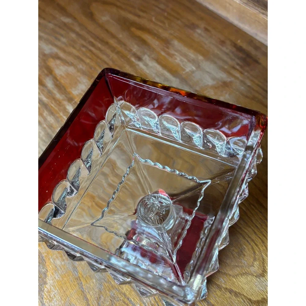 Vintage Smith Glass Ruby Red Clear Pedestal Candy Dish Lid Square Compote